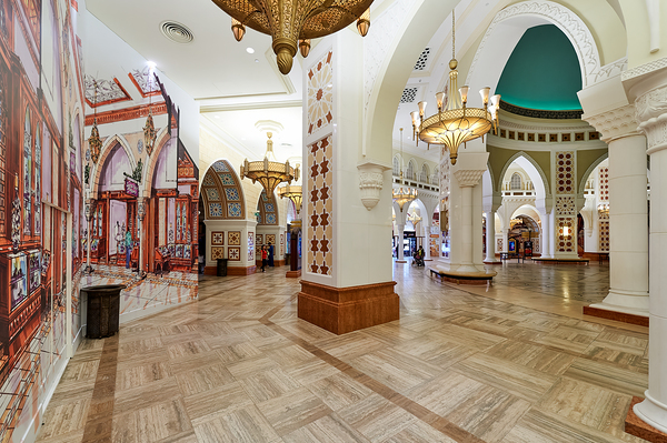 Ornate Middle Eastern interior with chandeliers in Dubai UAE Print