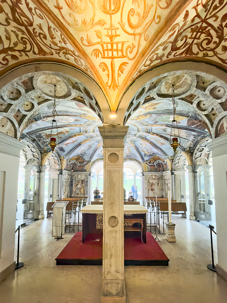 Interior of Santa Maria alla Fontana church in Milan Italy with ornate frescoes and altar Print