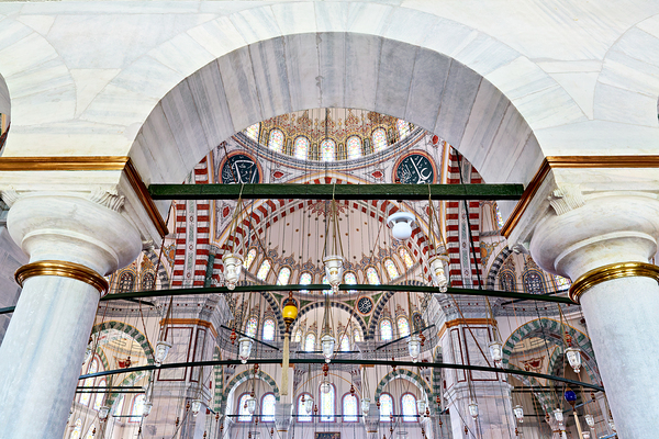 Visitors observe the interior of Fatih Mosque in Istanbul Print