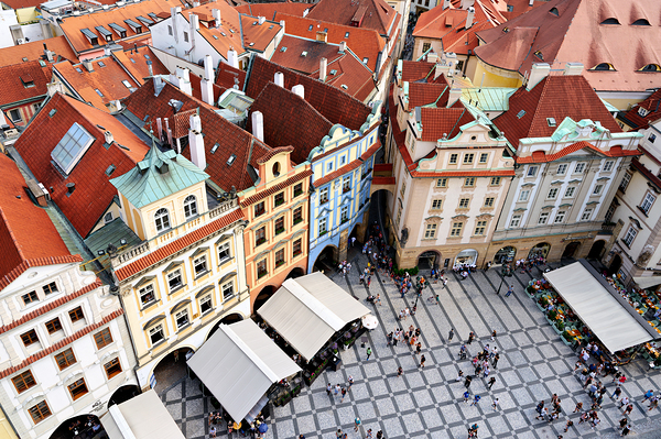 Aerial view of a bustling European city square with red roofs. by Marco Brivio