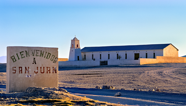 San Juan welcome sign and desert church building. Print