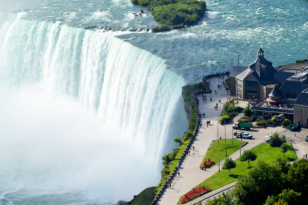 Iconic Niagara Falls viewing platform and visitor center. Print