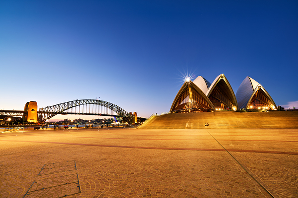 Sydney Opera House and Harbour Bridge at dusk. Print