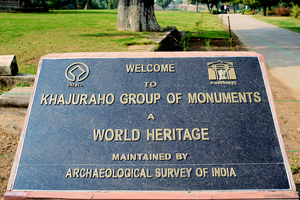 Welcome sign at Khajuraho Group of Monuments in Madhya Pradesh Print