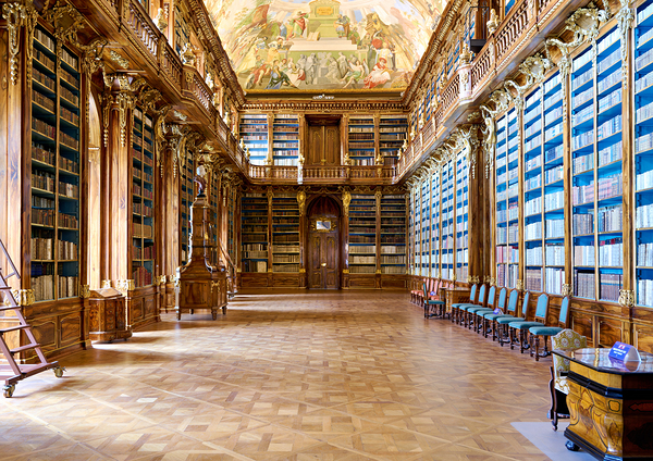Magnificent baroque library filled with books and ceiling fresco by Marco Brivio