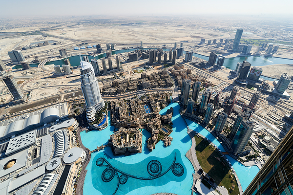 Skyline view of Dubai with skyscrapers and artificial lake Print