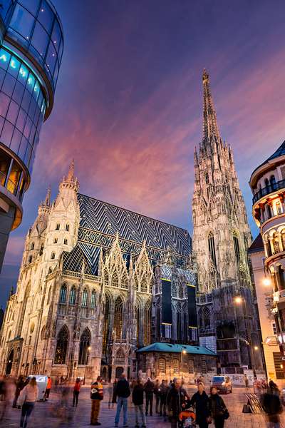 St. Stephens Cathedral Vienna at twilight with people. Print