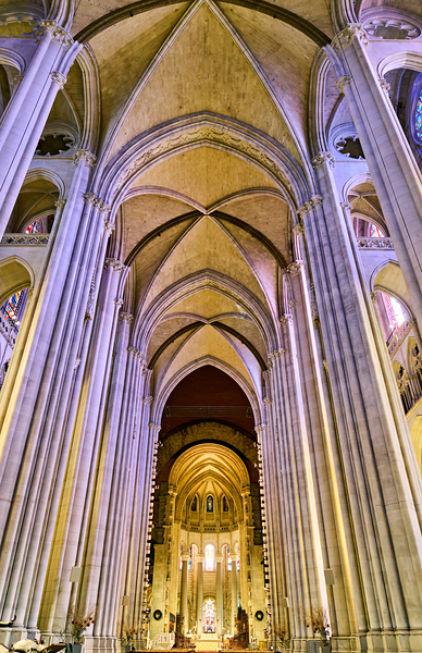 Manhattan cathedral interior showing arches and altar area Print