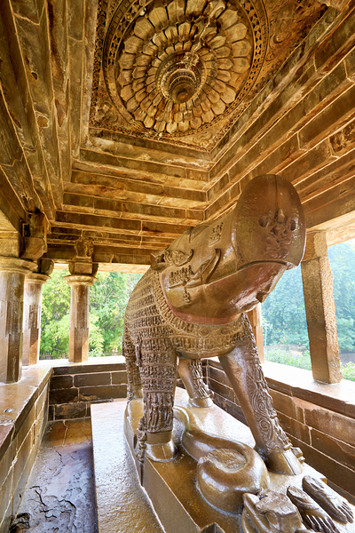 Nandi shrine in Khajuraho Madhya Pradesh shows ancient stone ca Print