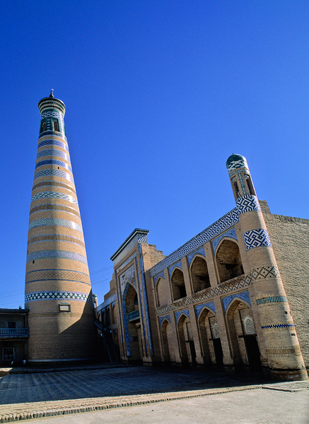 Explore Khivas historic minaret and architecture Print