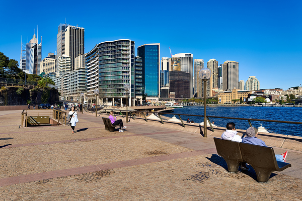 Sydney Harbour skyline with people enjoying the waterfront prome Print