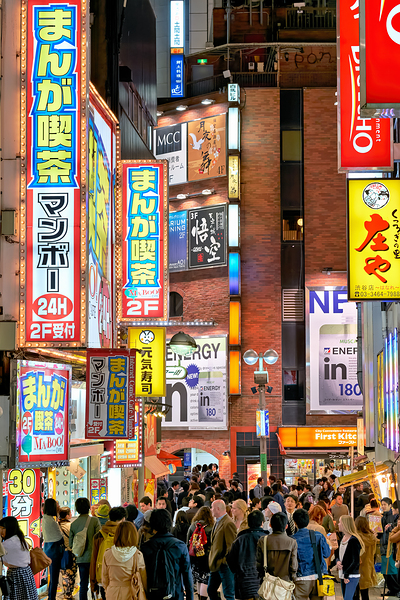 Nighttime crowd under neon lights in Shibuya district in Tokyo Print