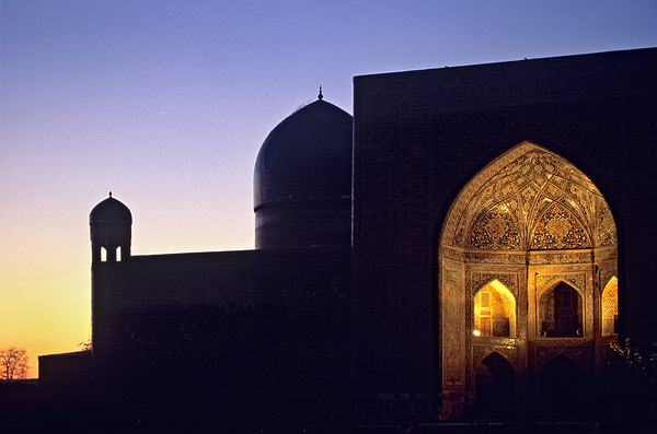 Sunset over registan in samarkand uzbekistan Print