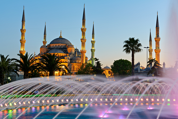 Visit to Blue Mosque and fountain at twilight in Istanbul Print