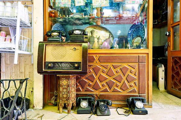 Second hand shop displays vintage items in Damascus Syria Print