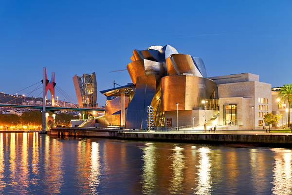 Guggenheim Museum in Bilbao at night with river view Print