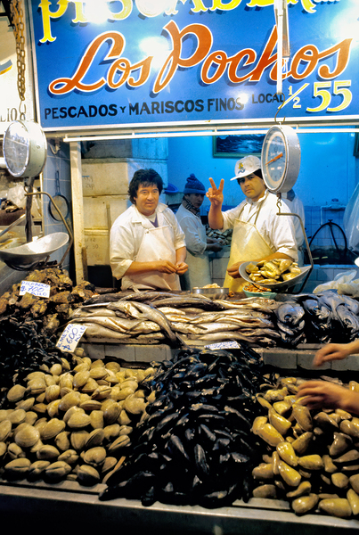 Lively fish market with fresh seafood and a peace sign. Print