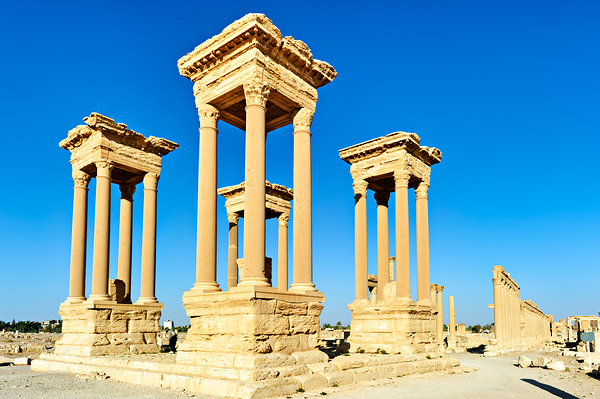 Tetrapylon structure in the ancient city of Palmyra in Syria Print