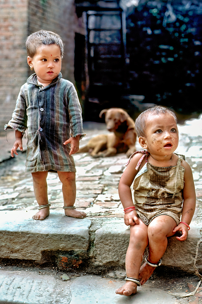 Children playing in a narrow street in Kathmandu Nepal during d Print