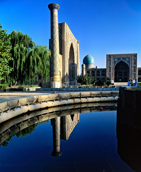 Samarkand reflects on a calm day in Uzbekistan Print