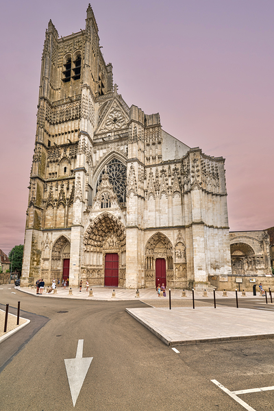 People walk near Auxerre Cathedral Saint Etienne Print