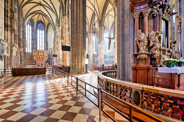 Grand cathedral interior with vaulted ceilings columns and cru Print