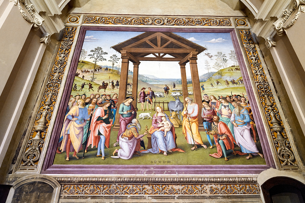 Città della Pieve Umbria Italy. Santa Maria dei Bianchi church. Adoration of the Magi fresco by Perugino Print