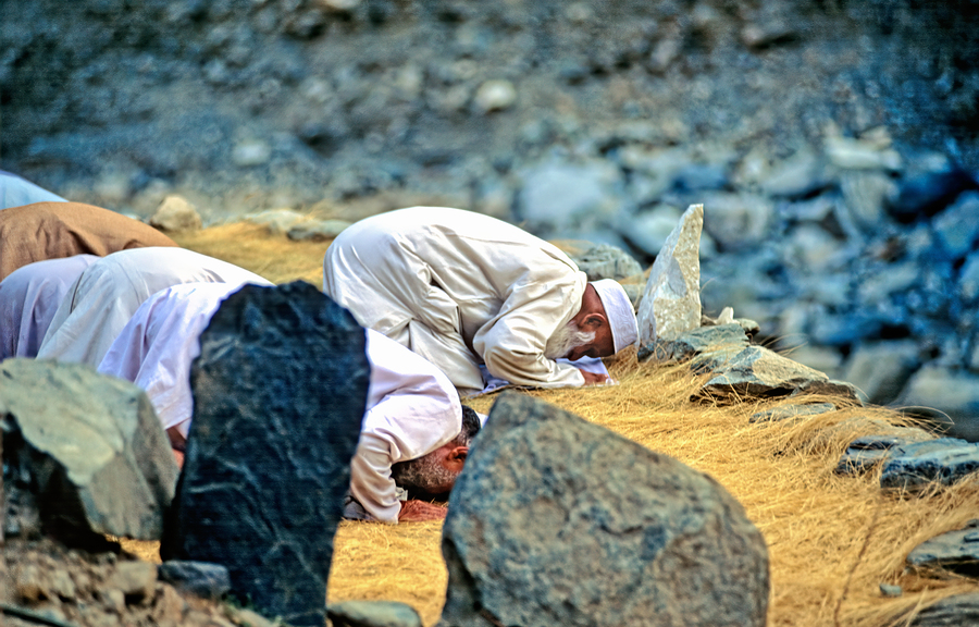 Muslim men pray towards Mecca in Pakistan during prayer time  Print