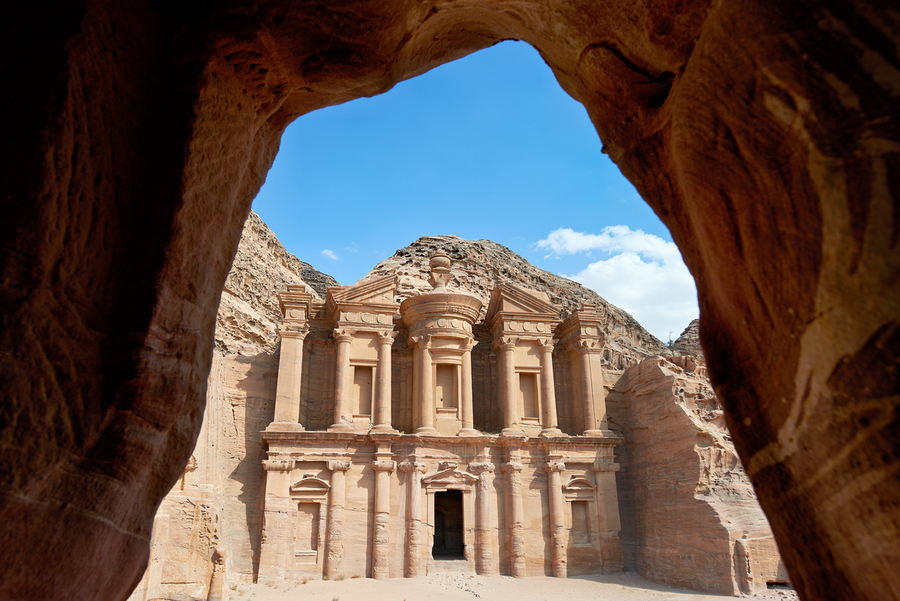 Exploring Ad Deir at Petra archaeological site in Jordan  Print
