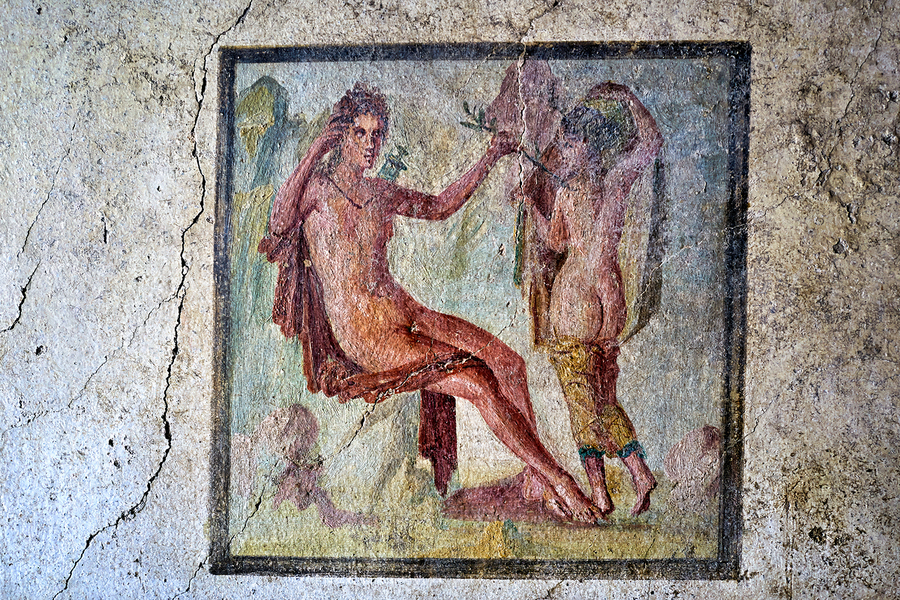 Pompeii mural showing figures in ancient Roman setting  Print