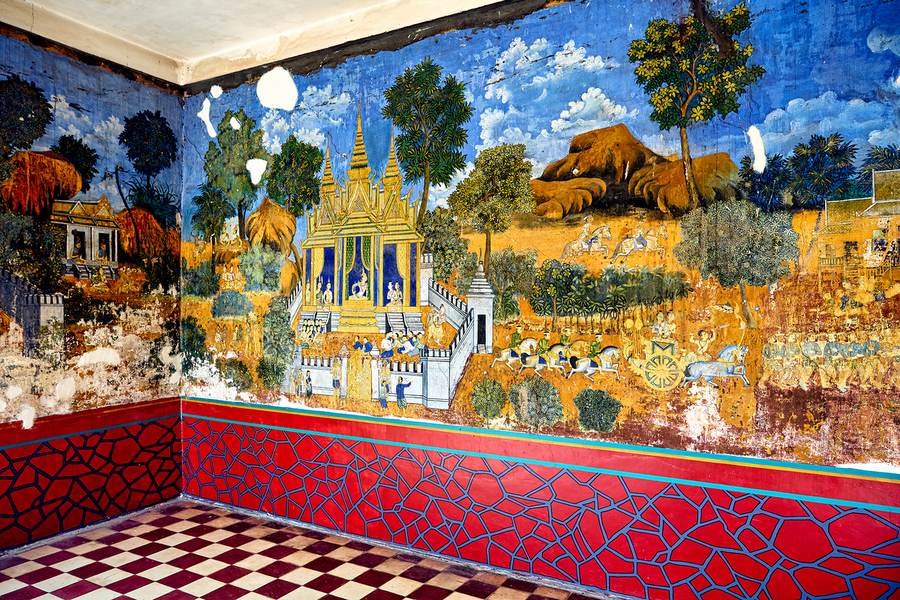 Vibrant aged mural depicting traditional temple scenes with peo  Print