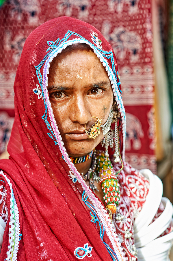 Portrait of a woman in traditional dress from Jaisalmer India  Print