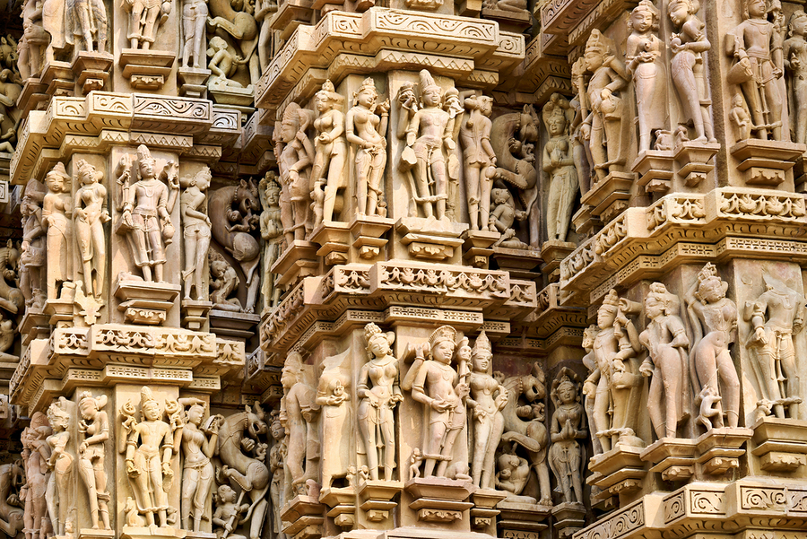Carvings on the temples of Khajuraho in Madhya Pradesh India  Print