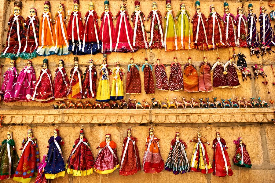 Traditional dolls displayed in Jaisalmer Rajasthan market  Print