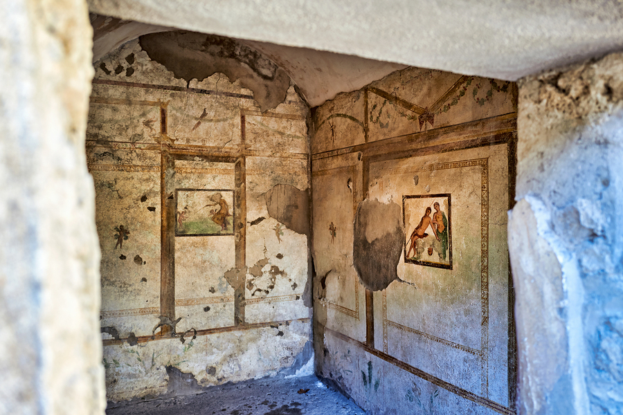 Exploring ancient wall paintings in Pompeii Naples in Italy  Print