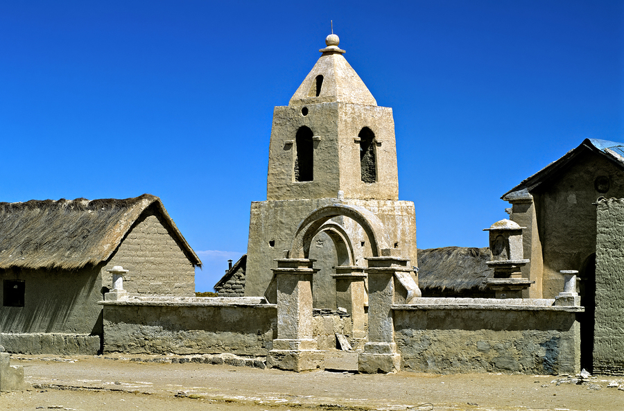 Historic adobe church bell tower in Sajama village Bolivia  Print