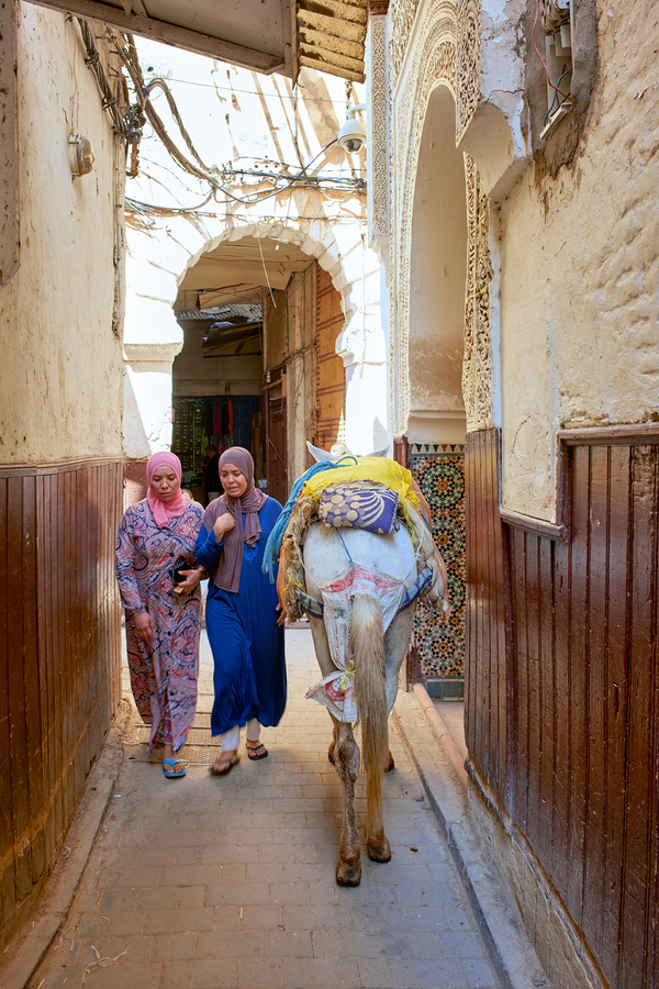 Women walking with donkey in narrow alley of Fez Medina  Imprimer