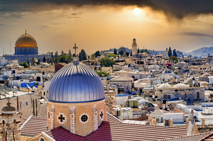 Dramatic sunset over the old city of Jerusalem in Israel  Print