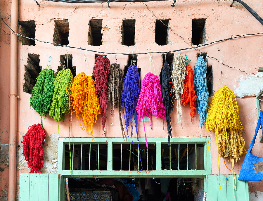 Hanging dyed threads in the dyers souk of Marrakesh Morocco  Print
