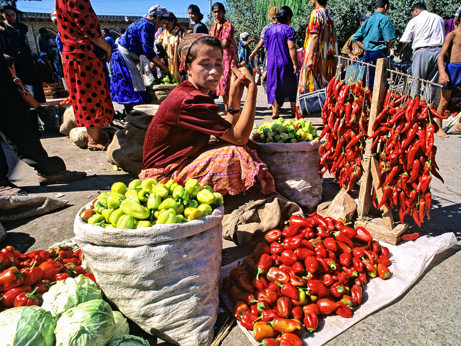 Market scene in Khiva with local produce and vendors  Print