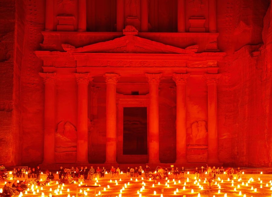 Visit to Petra at night with the Treasury lit by candles  Print