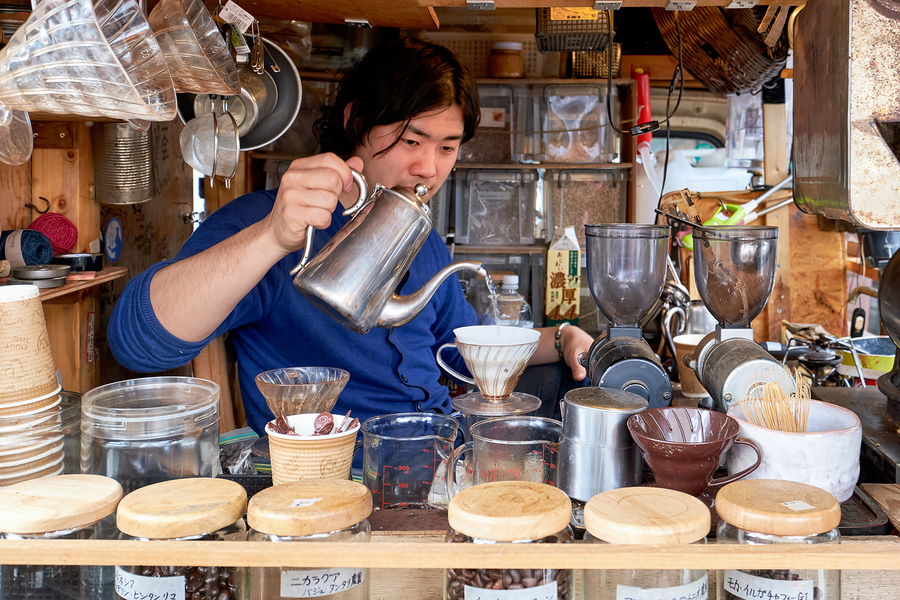 Street stall in Tokyo serving coffee and tea to customers  Print