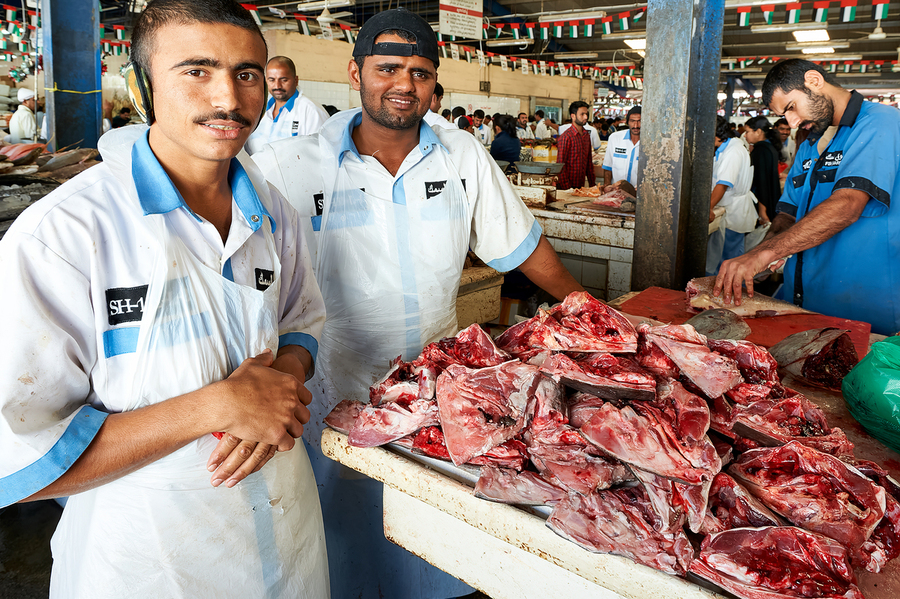 Fish market scene with men at work in Dubai UAE  Print