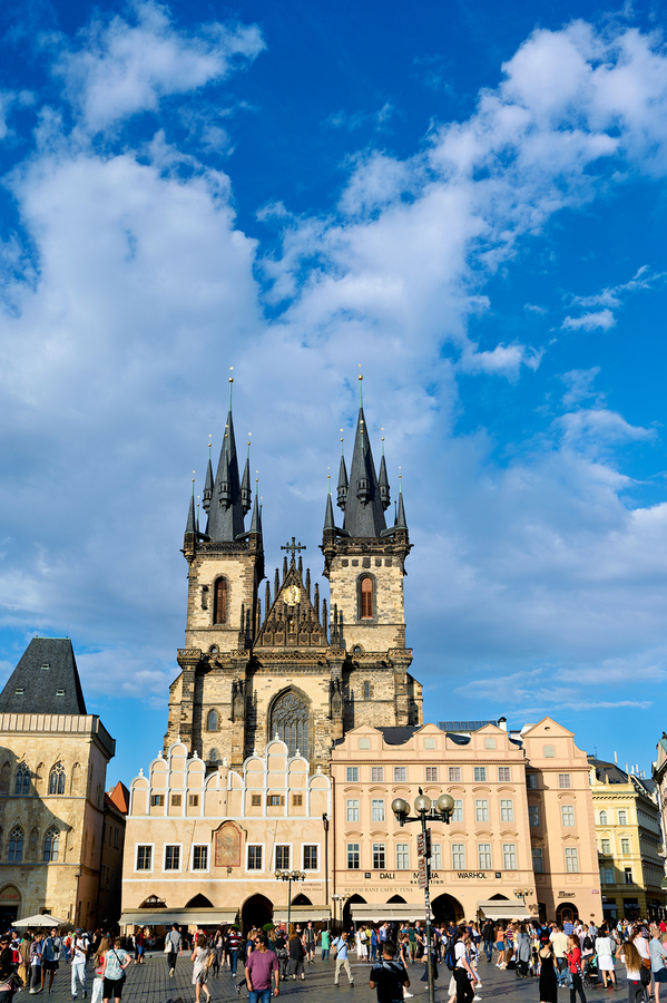 Crowded Old Town Square Prague featuring Týn Church.  Print