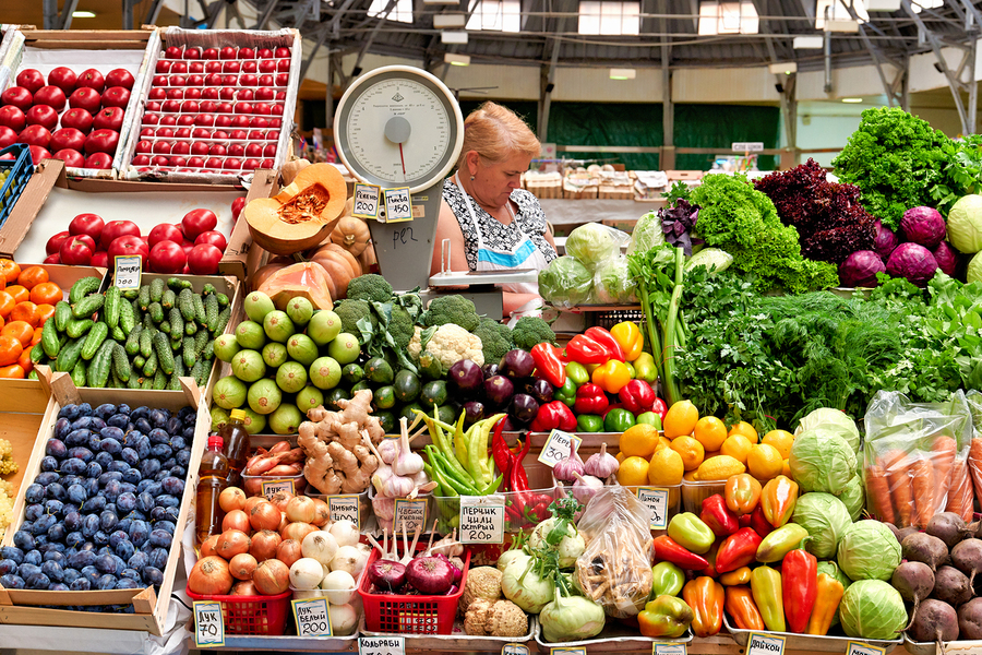 Fresh produce at Kuznechnyy Rynok Market in Saint Petersburg  Print