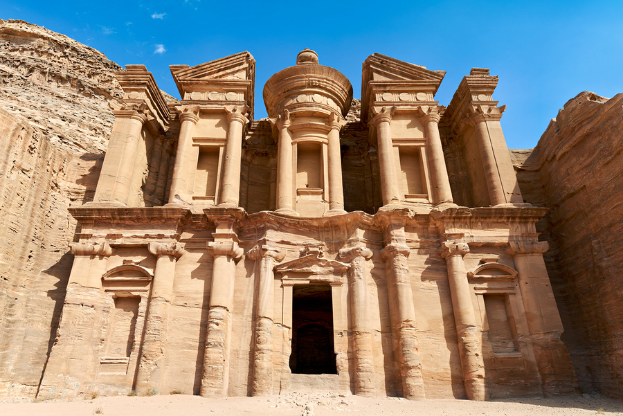 Visit to the Monastery at Petra in Jordan under clear blue sky  Print