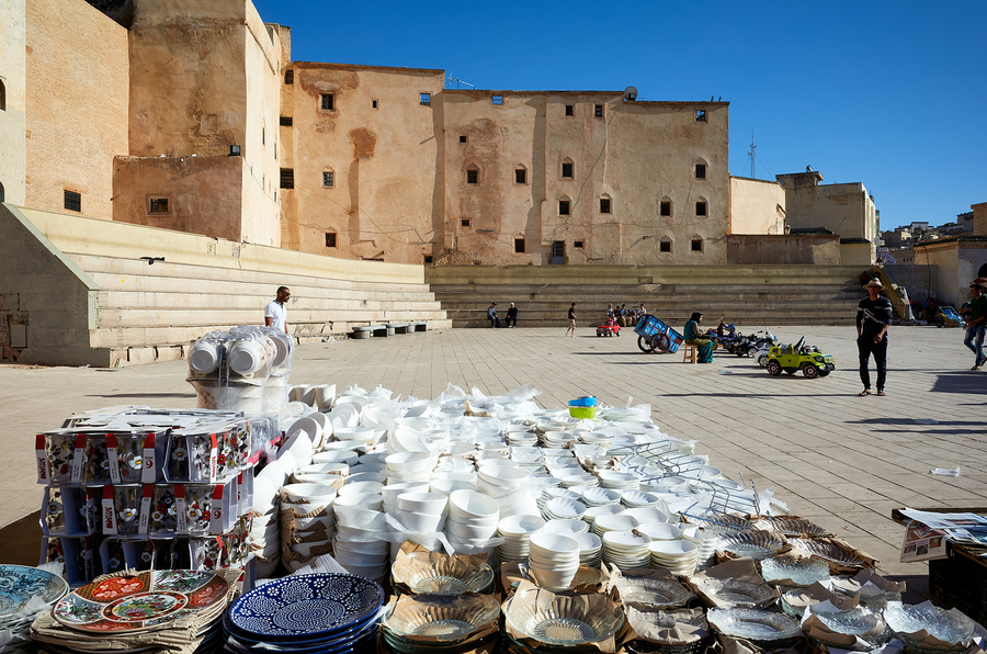 Market scene in Fez with ceramic mugs and home accessories for s  Print
