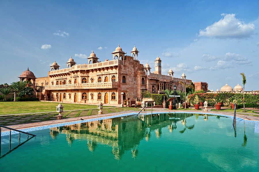 Exploring Khimsar Fort in Rajasthan India with a swimming pool n  Print