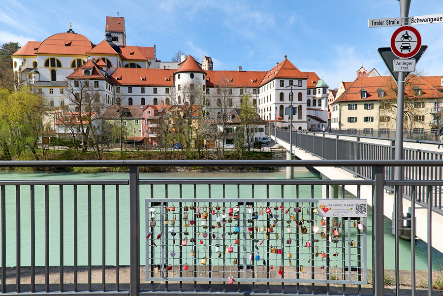 View of st. mang abbey and lovers padlocks on romantic road in f  Print