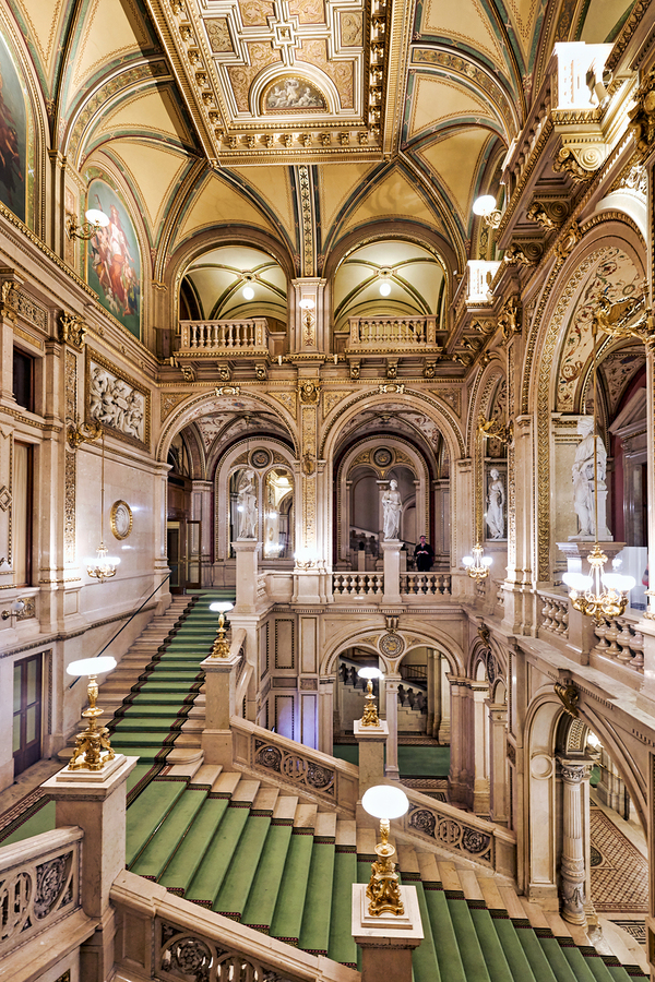 Luxurious ornate interior with grand staircase and classical st  Print